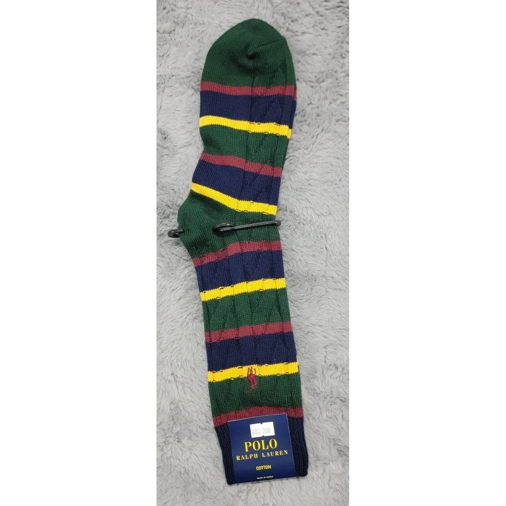 Polo Ralph Lauren Socks Mens 10-13 Green Rugby Stripe Pony Cable Knit Mid Calf